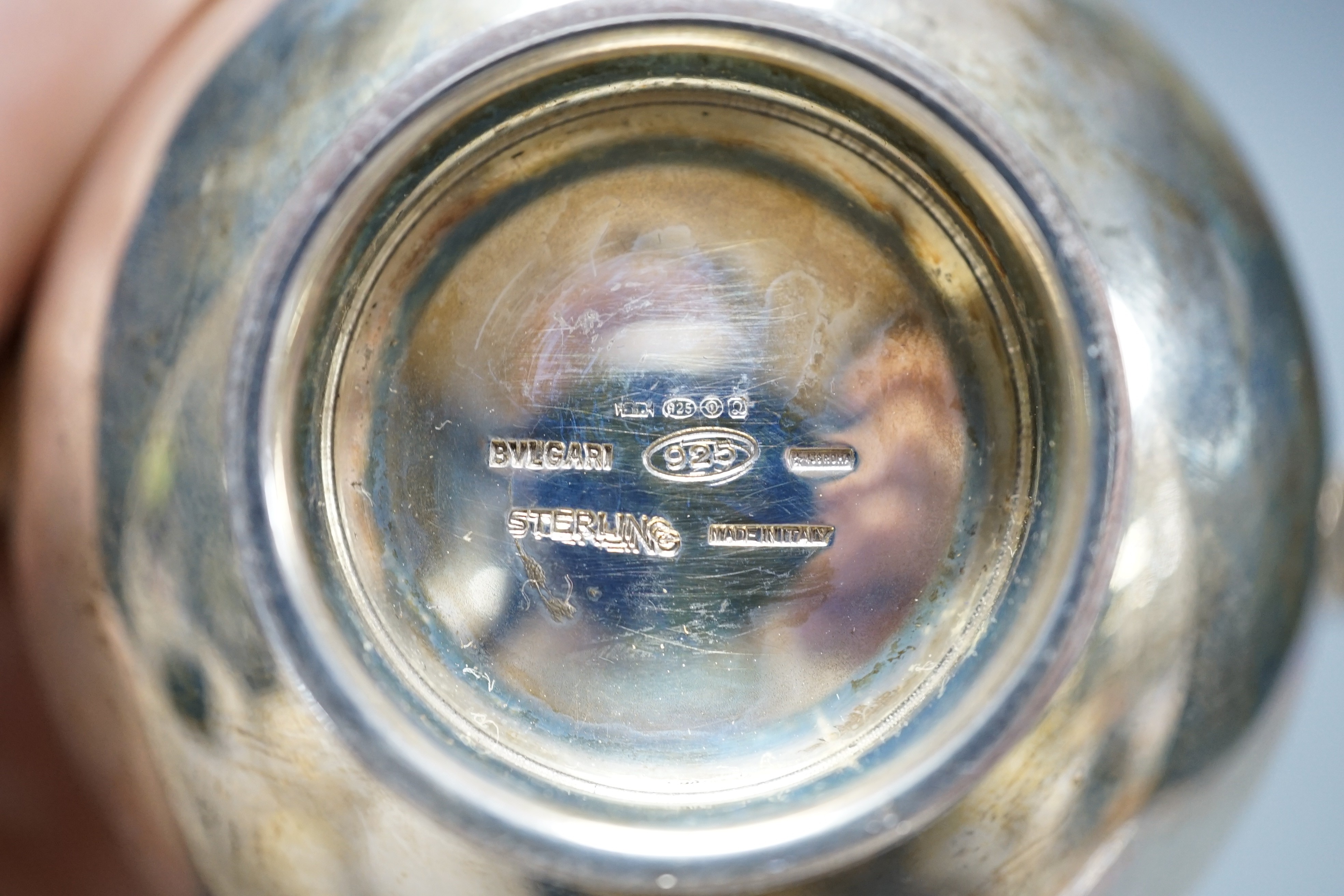 A modern Italian silver globular money box, retailed by Bulgari, London, import marks, height 91mm, gross 7.3 oz.